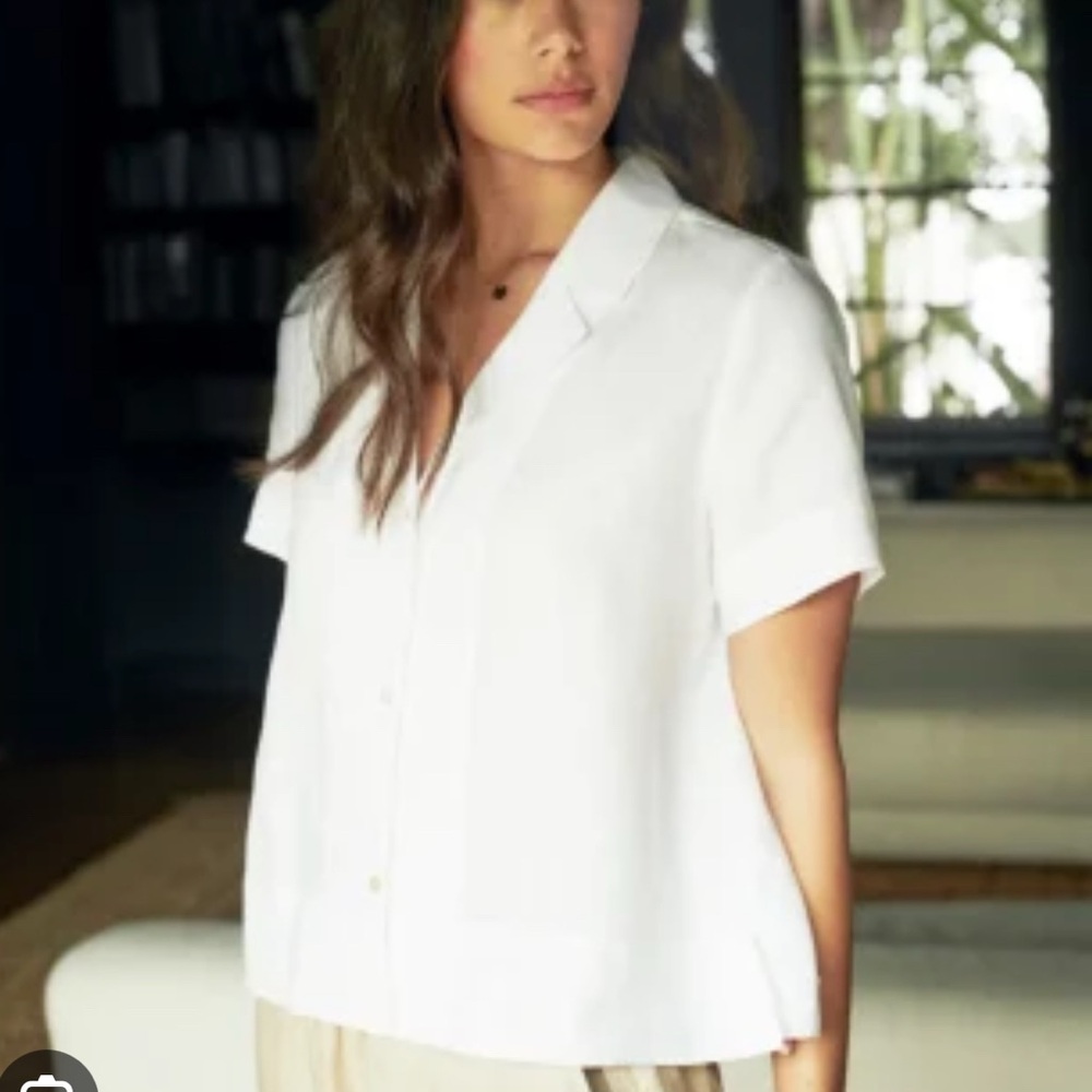 Frame Denim White Notched Collar Button Down Linen Blouse
